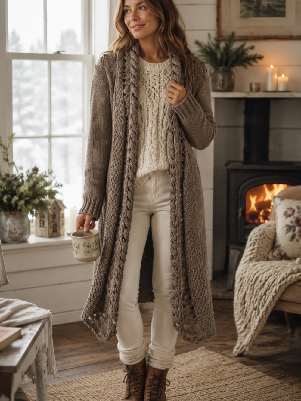 Chocolate brown open long line cardigan wool blend M/L crochet/knit fall/winter